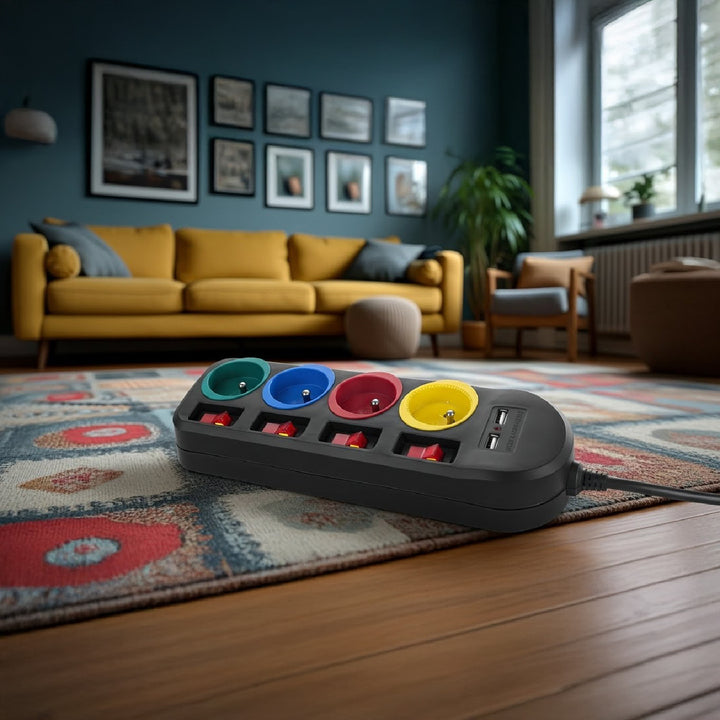 Maclean MCE229 B Power Strip: 4-Socket Extension with 2 USB Ports and Individual Switches (250VAC/10A, 2.1A 5V, 1.5m, Black)