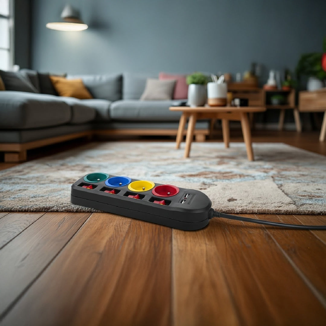 Maclean MCE229 B Power Strip: 4-Socket Extension with 2 USB Ports and Individual Switches (250VAC/10A, 2.1A 5V, 1.5m, Black)