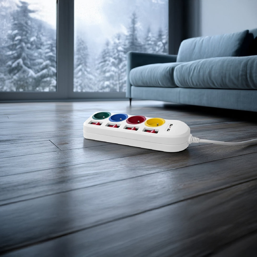 Maclean power strip, extender 4 sockets + 2xUSB, with switches, 250VAC/10A, 2.1A 5V, 1.5m, white, MCE229 W