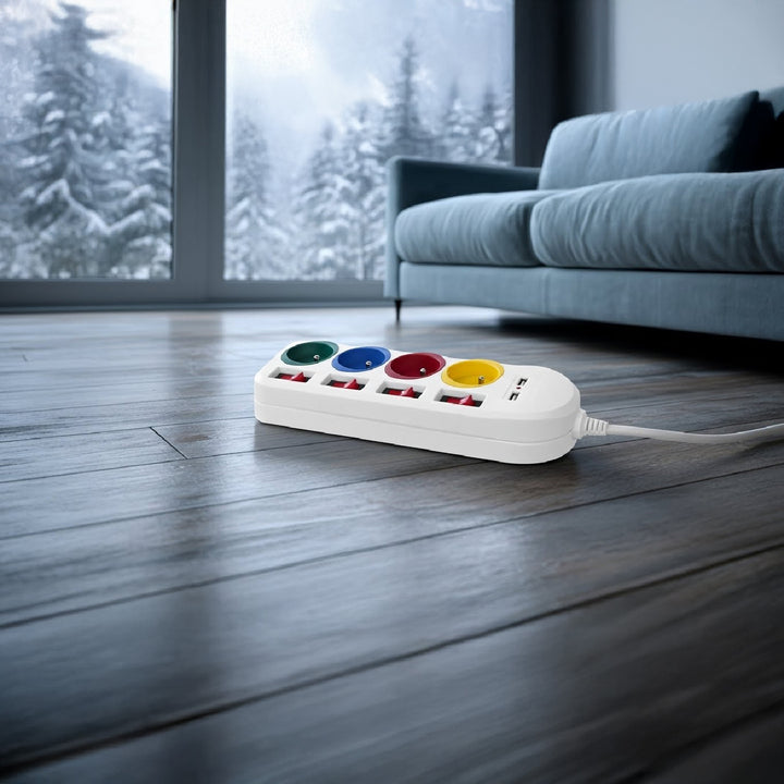 Maclean power strip, extender 4 sockets + 2xUSB, with switches, 250VAC/10A, 2.1A 5V, 1.5m, white, MCE229 W