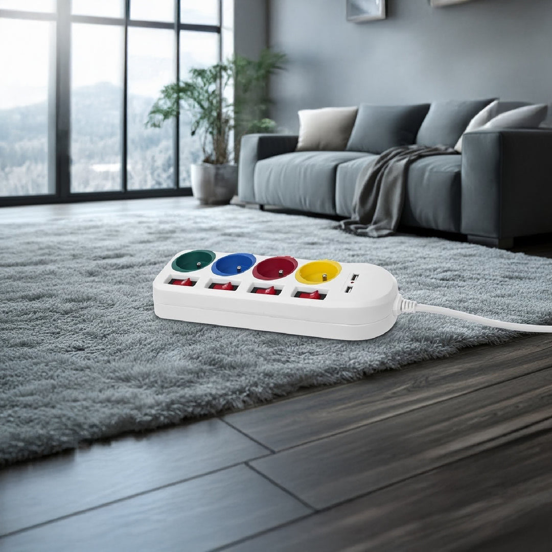 Maclean power strip, extender 4 sockets + 2xUSB, with switches, 250VAC/10A, 2.1A 5V, 1.5m, white, MCE229 W