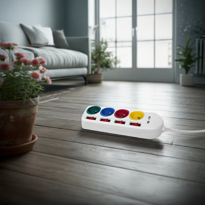 Maclean power strip, extender 4 sockets + 2xUSB, with switches, 250VAC/10A, 2.1A 5V, 1.5m, white, MCE229 W