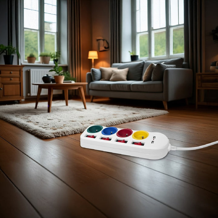 Maclean power strip, extender 4 sockets + 2xUSB, with switches, 250VAC/10A, 2.1A 5V, 1.5m, white, MCE229 W