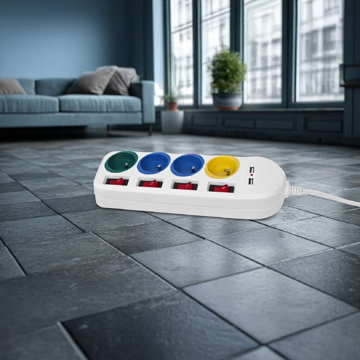 Maclean power strip, extender 4 sockets + 2xUSB, with switches, 250VAC/10A, 2.1A 5V, 1.5m, white, MCE229 W