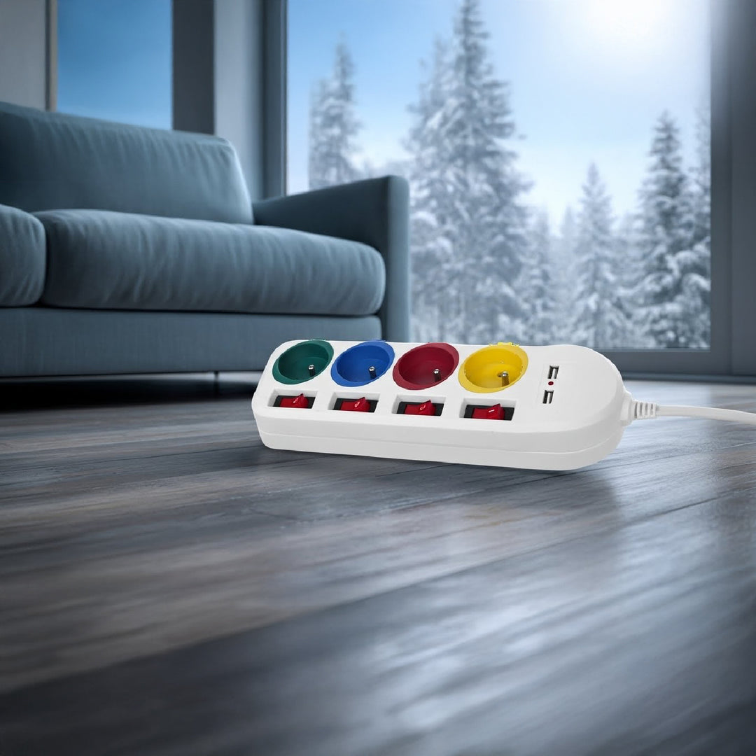 Maclean power strip, extender 4 sockets + 2xUSB, with switches, 250VAC/10A, 2.1A 5V, 1.5m, white, MCE229 W