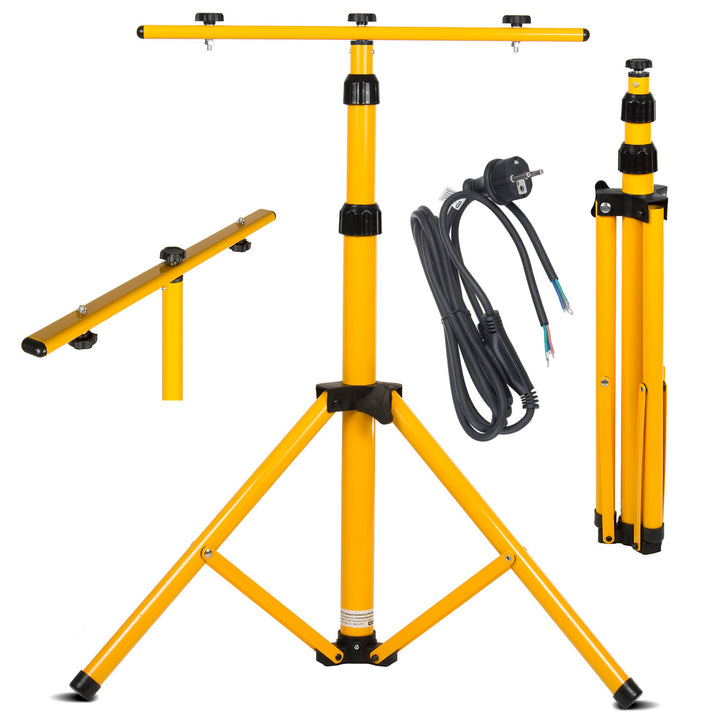 Working tripod for Maclean floodlights, for 2 floodlights, LED, yellow, made of steel, max. height 1.5m + power cord