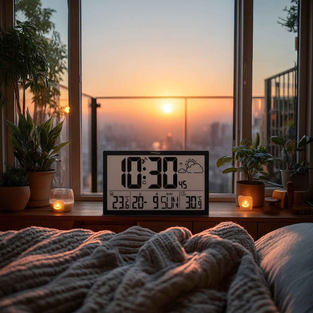 GreenBlue GB218 Extra Large LCD Wall Clock with Weather Station Temperature and Date Display