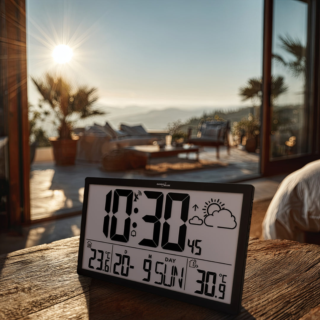 GreenBlue GB218 Extra Large LCD Wall Clock with Weather Station Temperature and Date Display