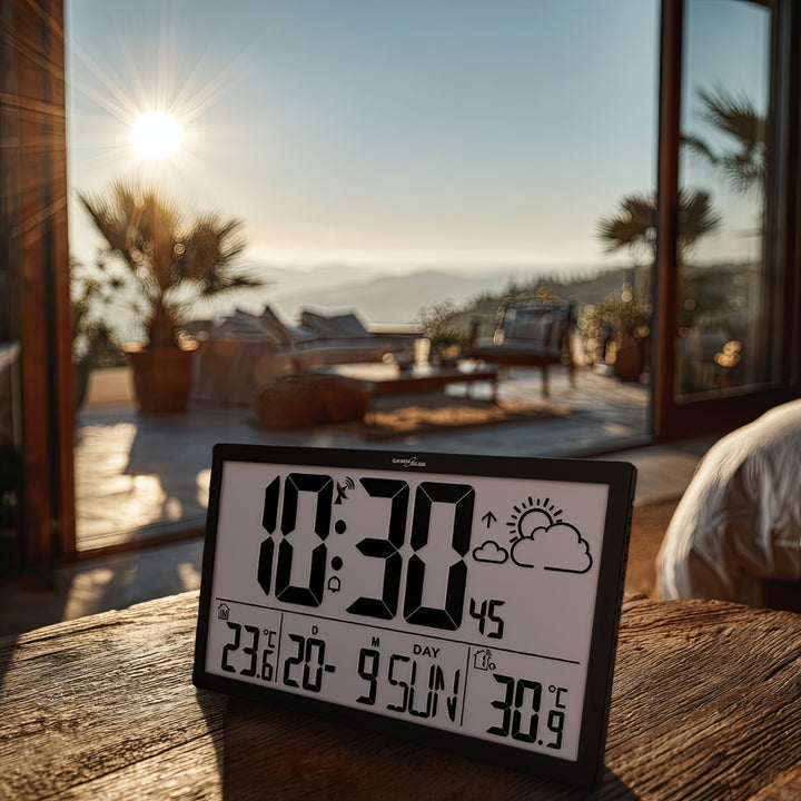 GreenBlue GB218 Extra Large LCD Wall Clock with Weather Station Temperature and Date Display