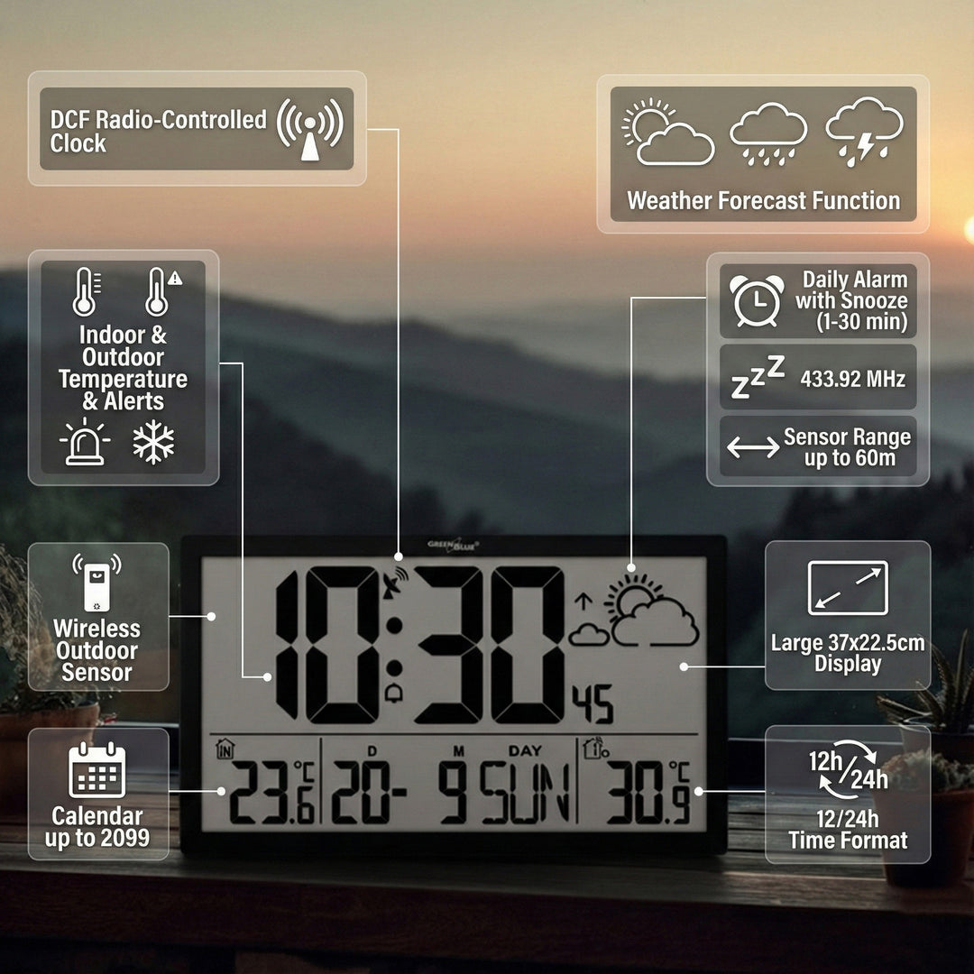 GreenBlue GB218 Extra Large LCD Wall Clock with Weather Station Temperature and Date Display