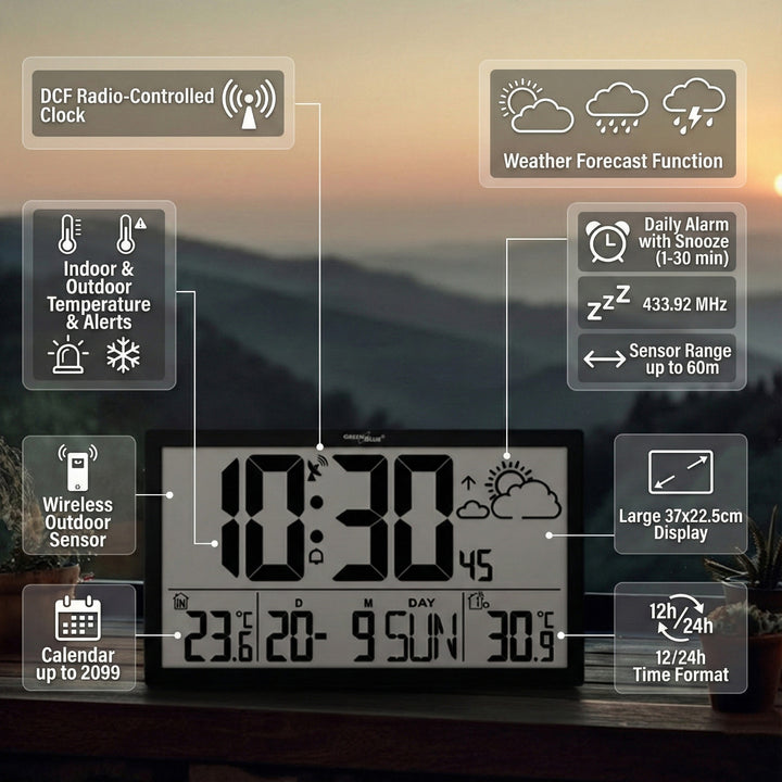 GreenBlue GB218 Extra Large LCD Wall Clock with Weather Station Temperature and Date Display