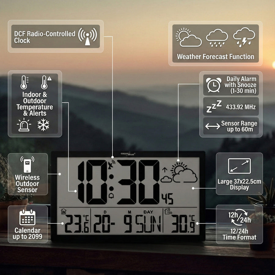 GreenBlue GB218 Extra Large LCD Wall Clock with Weather Station Temperature and Date Display