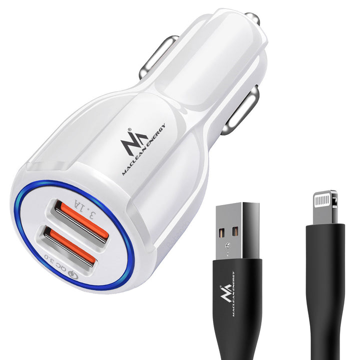 Maclean MCE478 W Car Charger, Qualcomm Quick Charge, QC 3.0 - 5V/3A, 9V/1.8A, 12V/1.6A, 5V/3.1A Socket with Maclean MCE845B MFi Certified Charging Cable Set