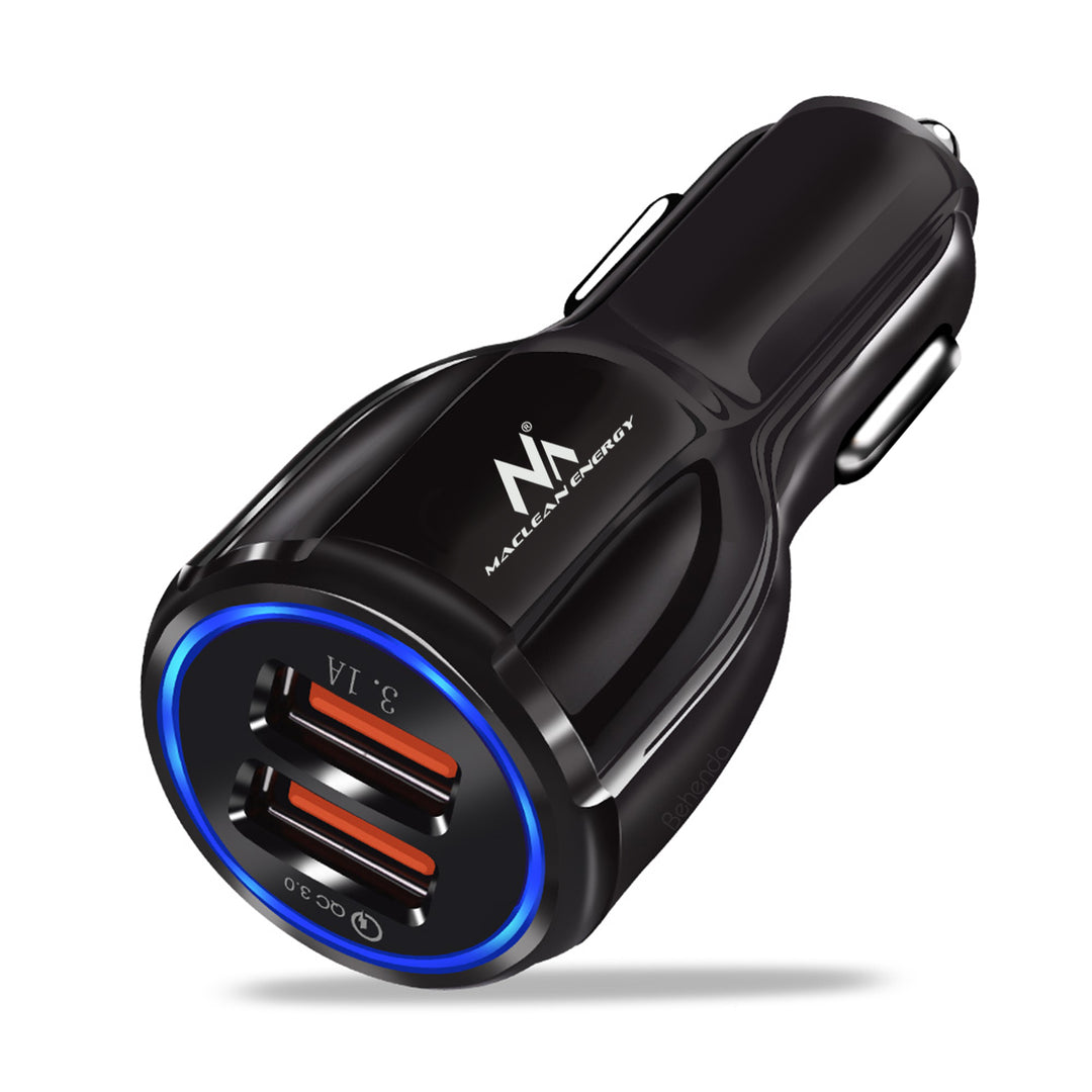 Maclean MCE478 B Car Charger, Qualcomm Quick Charge, QC 3.0 - 5V/3A, 9V/1.8A, 12V/1.6A, 5V/3.1A Socket with Maclean MCE845B MFi Certified Charging Cable Set