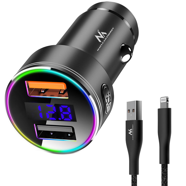 Maclean MCE375 Car Charger with Display Aluminum Voltmeter USB 1x QC 3.0, USB 1x 5V/2.4A RGB LED + MCE945B MFi Certified charging Cable Compatible with iPhone/iPod/iPad