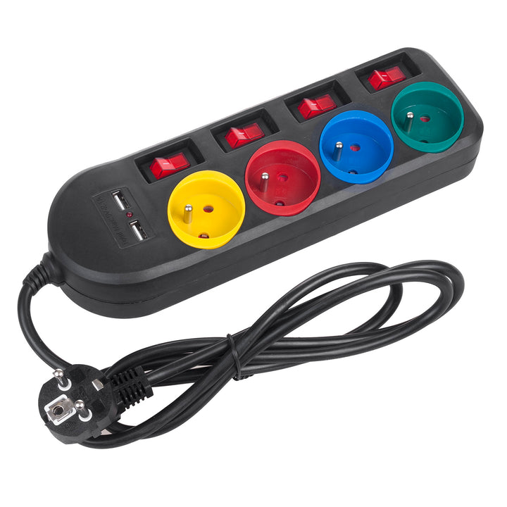 Stiall chumhachta Maclean, síneadh 4 soicéad + 2xUSB, le lasca, 250VAC/10A, 2.1A 5V, 1.5m, bán, MCE229B + cábla USB MCE471