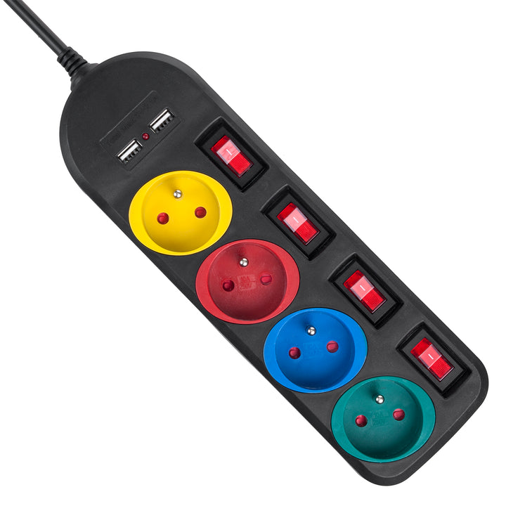 Stiall chumhachta Maclean, síneadh 4 soicéad + 2xUSB, le lasca, 250VAC/10A, 2.1A 5V, 1.5m, bán, MCE229B + cábla USB MCE471