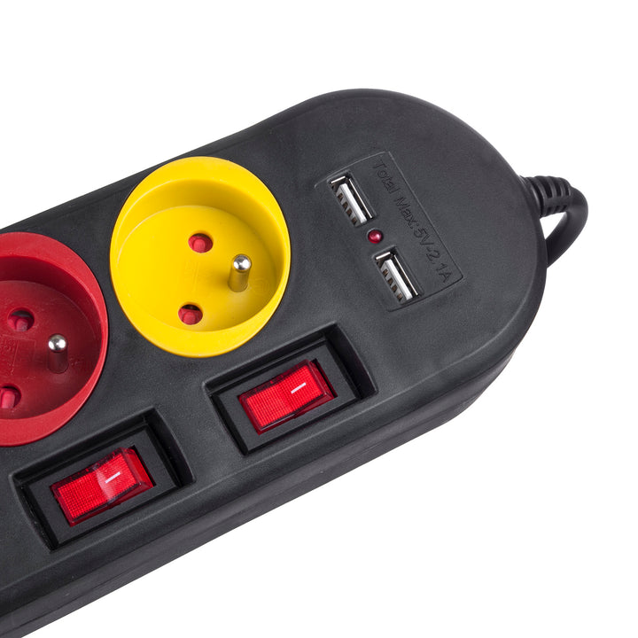 Stiall chumhachta Maclean, síneadh 4 soicéad + 2xUSB, le lasca, 250VAC/10A, 2.1A 5V, 1.5m, bán, MCE229B + cábla USB MCE471