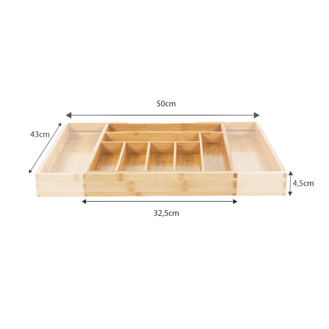 GreenBlue GB379 Expandable Bamboo Cutlery Drawer Organiser Insert Liner Tray Adjustable Length Natural Wood32.5-50cm x 43 x4.5 cm