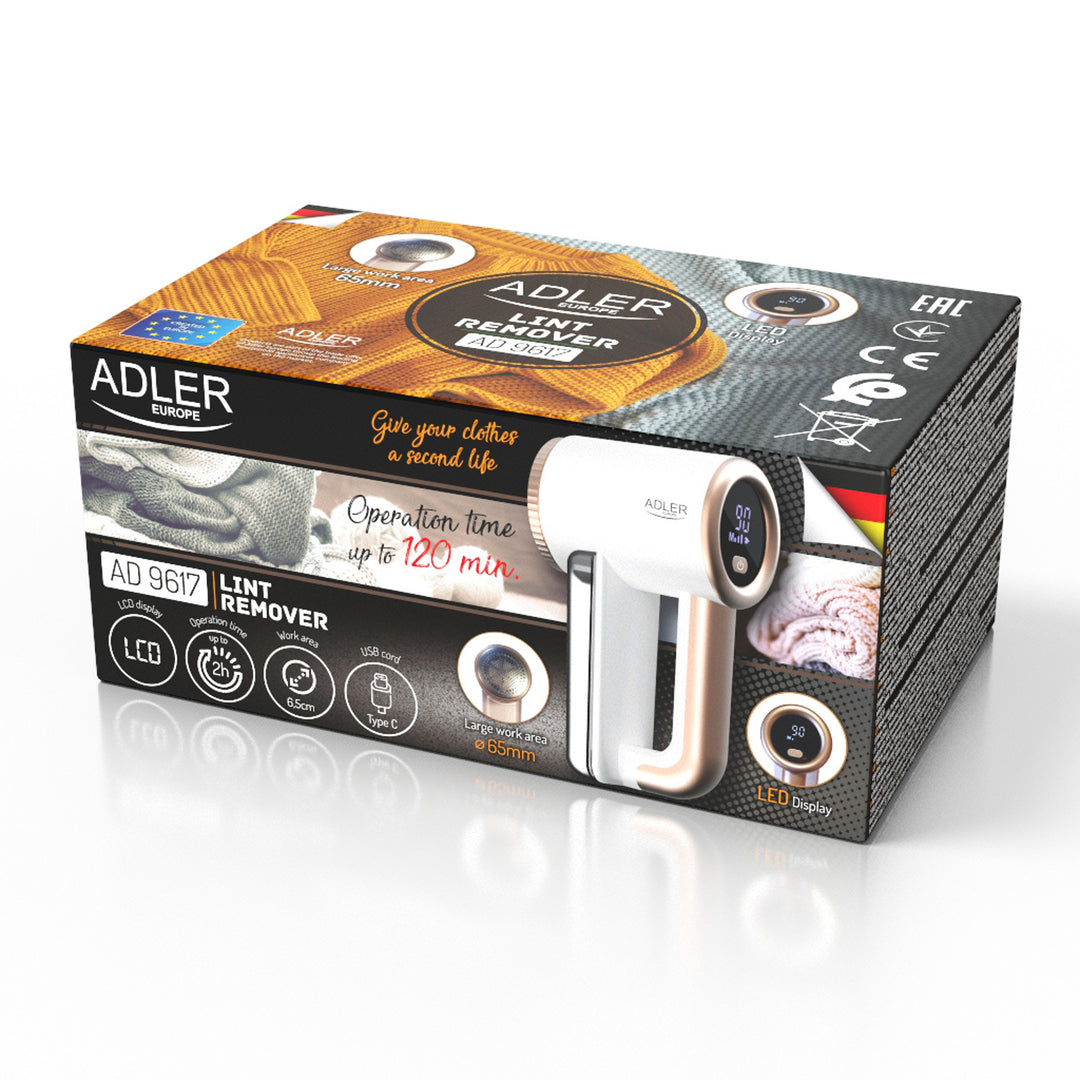 Adler fabric clothes shaver, USB charging, LCD display, 3-stage speed, brush, AD 9617