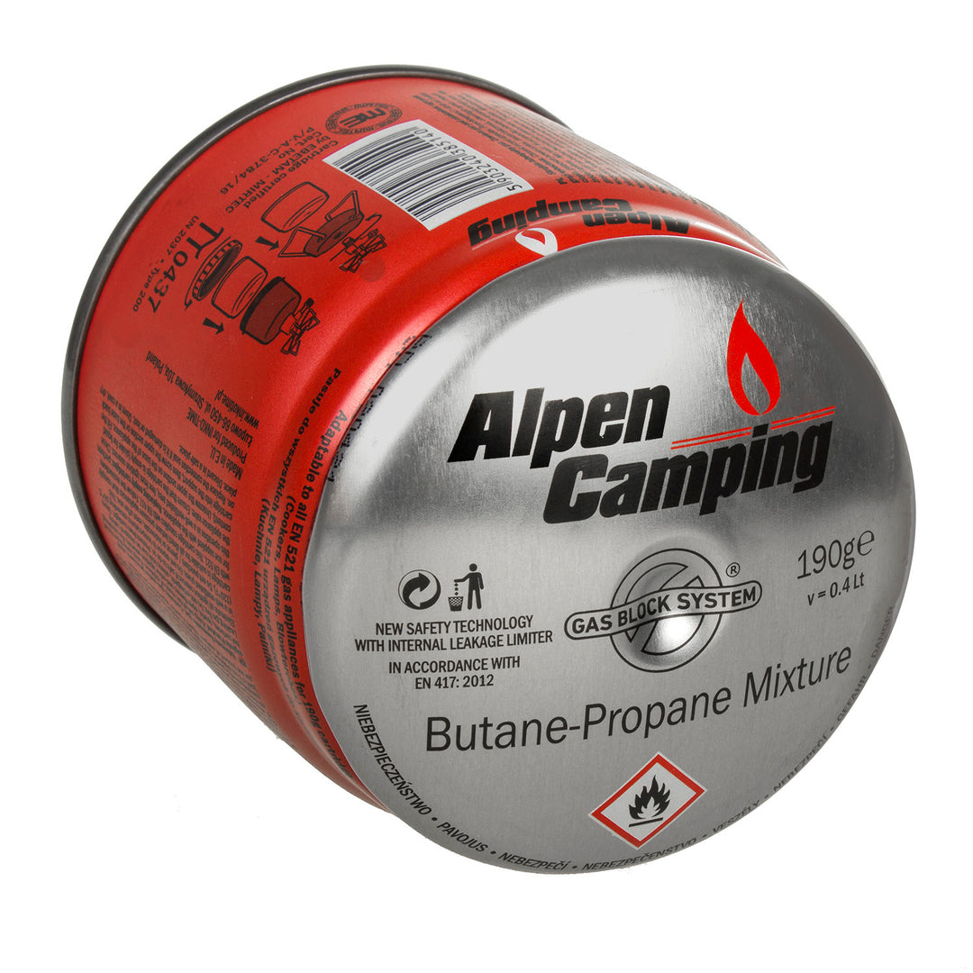 24x Alpen Camping 400ml gas cartridge. certification: Pi 0437, compliant with EN417, propane-butane, range -10°c to+ 40°c, GAS STOP IK006 system.