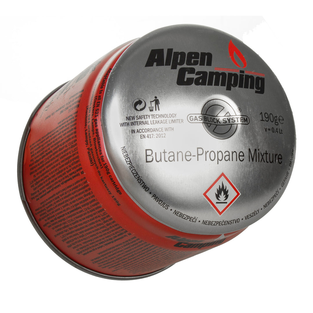 24x Alpen Camping 400ml gas cartridge. certification: Pi 0437, compliant with EN417, propane-butane, range -10°c to+ 40°c, GAS STOP IK006 system.