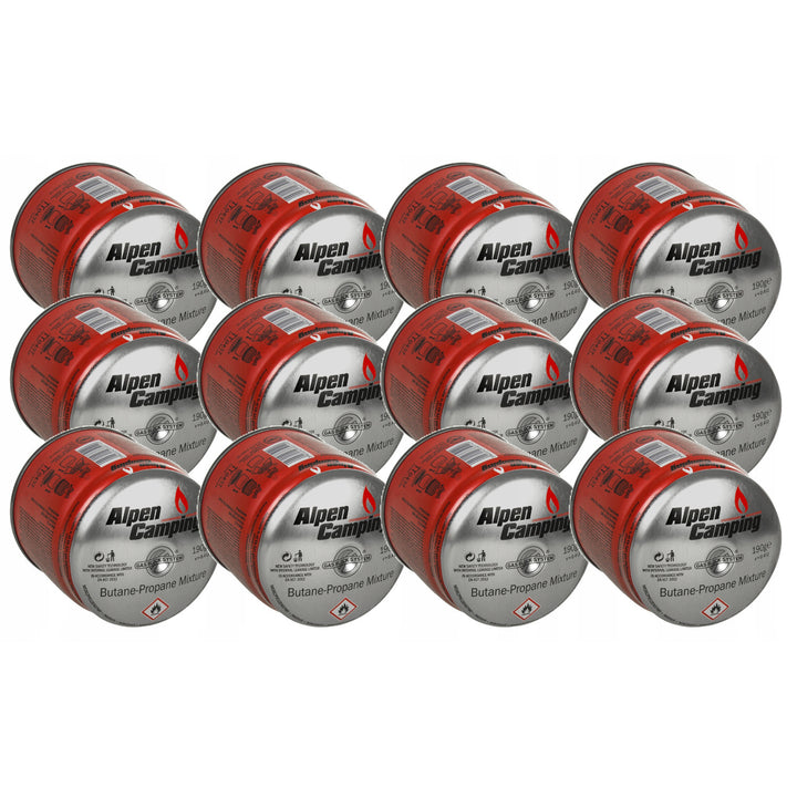 12x Alpen Camping 400ml gas cartridge. certification: Pi 0437, EN417 compliant, propane-butane, range -10°c to+ 40°c, GAS STOP IK006 system.