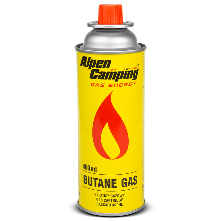 14x Alpen Camping 400ml gas cartridge. certification: Pi 0875, EN417 compliant, isobutane, operating range -10°c to+ 40°c, IK004