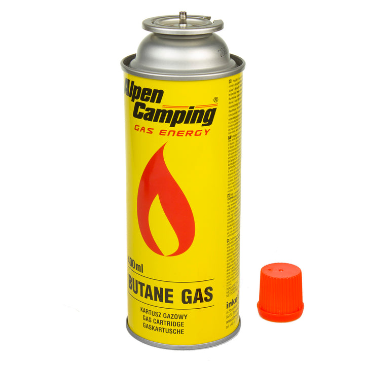 14x Alpen Camping 400ml gas cartridge. certification: Pi 0875, EN417 compliant, isobutane, operating range -10°c to+ 40°c, IK004