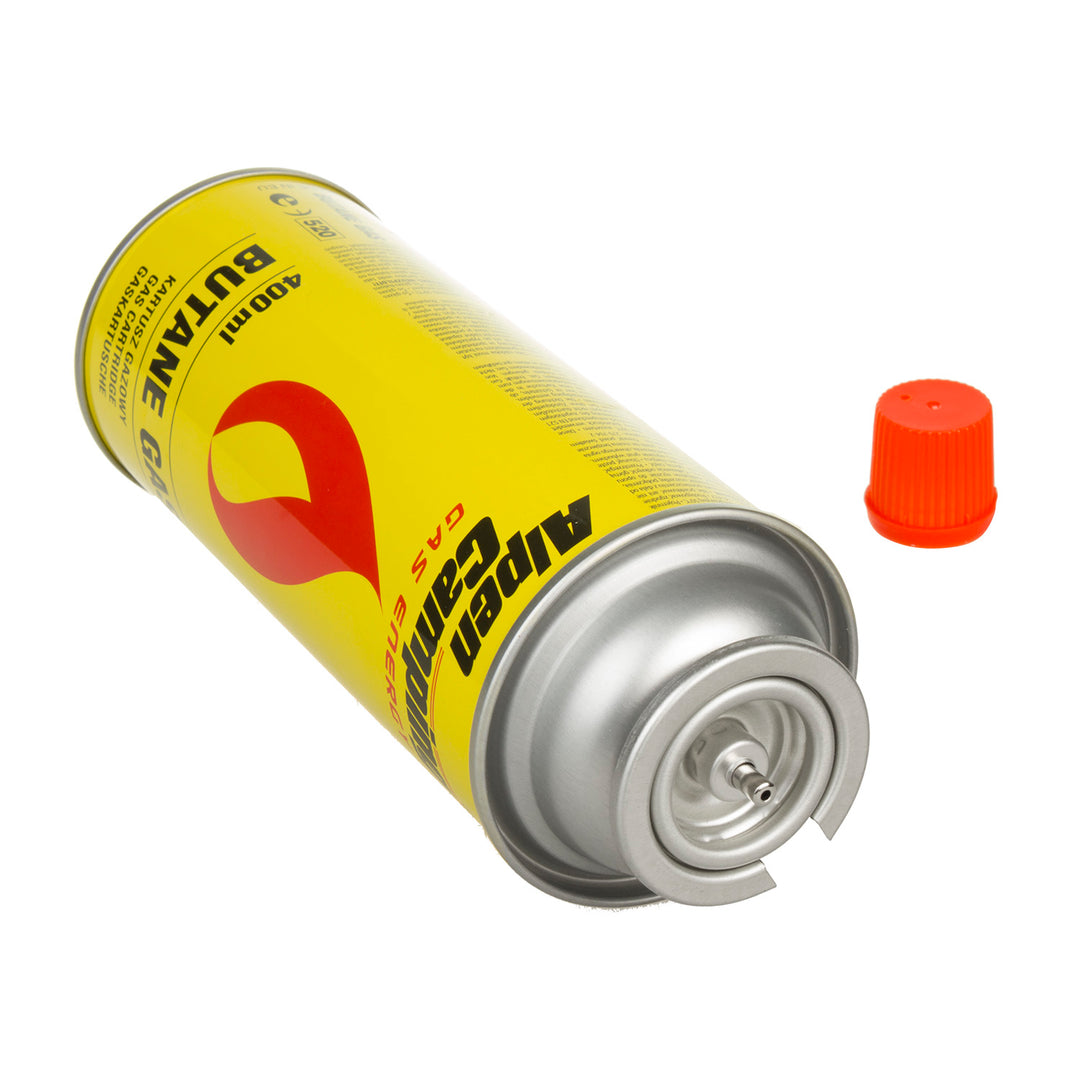 14x Alpen Camping 400ml gas cartridge. certification: Pi 0875, EN417 compliant, isobutane, operating range -10°c to+ 40°c, IK004