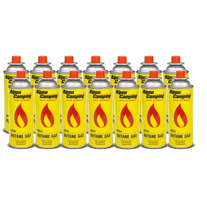 14x Alpen Camping 400ml gas cartridge. certification: Pi 0875, EN417 compliant, isobutane, operating range -10°c to+ 40°c, IK004