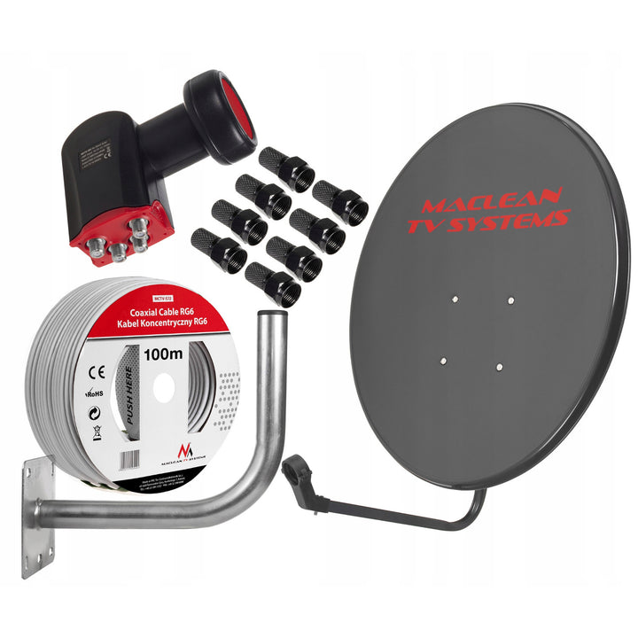 Satellite set, 90 cm antenna, 40 cm antenna mount, quad converter, 100 m cable, plugs