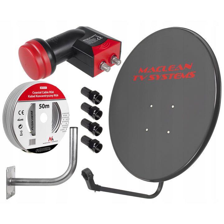 Satellite set, 90 cm antenna, 40 cm antenna mount, twin converter, 50 m cable, plugs