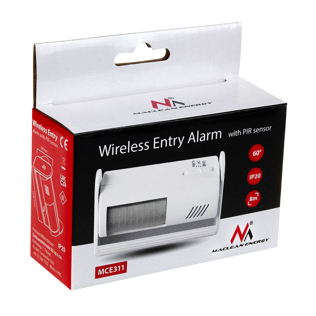 Maclean Wireless Entry Indicator, PIR sensor, range 8m, powered by 9V DC battery, volume over 70dB, MCE311 W