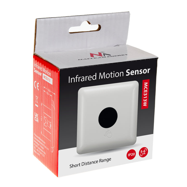 Maclean Short-Range PIR Sensor, with a detection range of 5-6cm, designed for recessed installation, supporting a maximum load of 1200W, model MCE313 W.