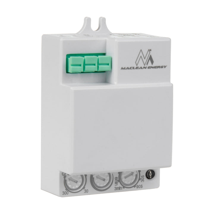 Maclean MCE316 microwave motion sensor, offering an 8m range with a maximum load of 1200W. Rated IP20, it operates at 5.8 GHz, ensuring reliable performance.