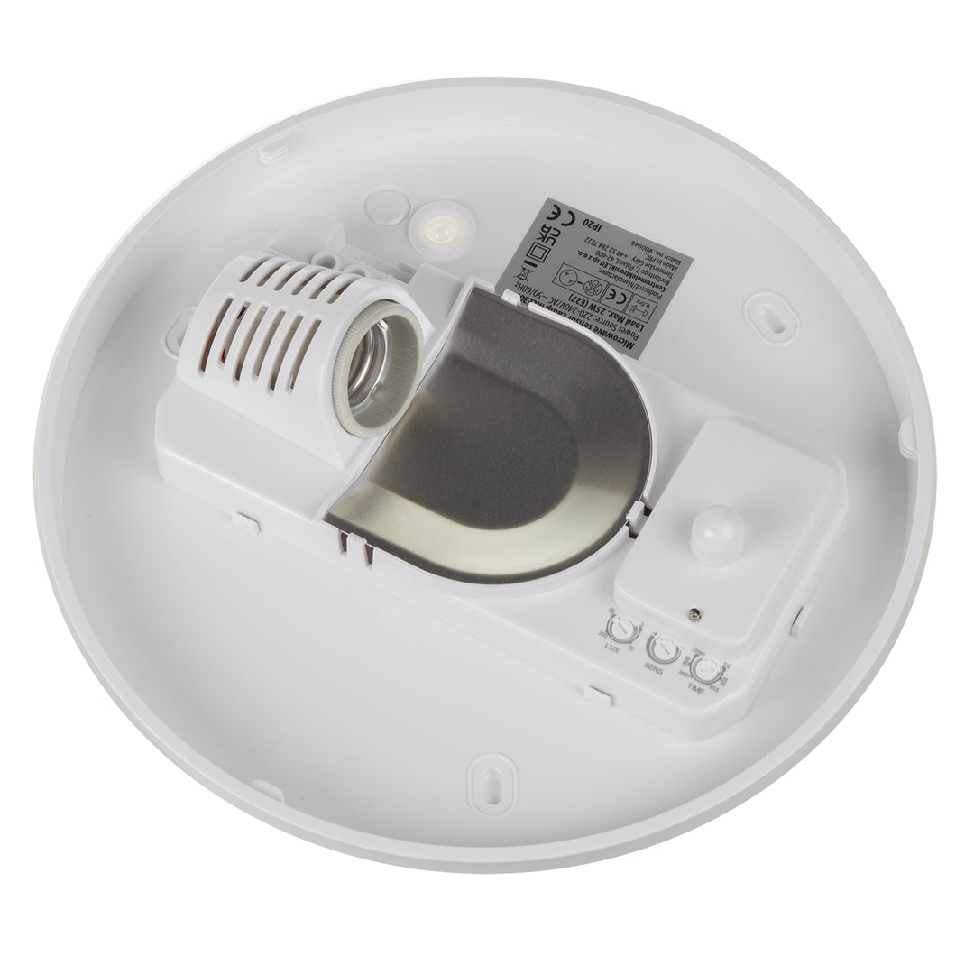 Maclean MCE309 ceiling lamp with a built-in sensor. Featuring a microwave sensor and PMMA diffuser, it supports a maximum load of 25W and is IP20-rated for durability.