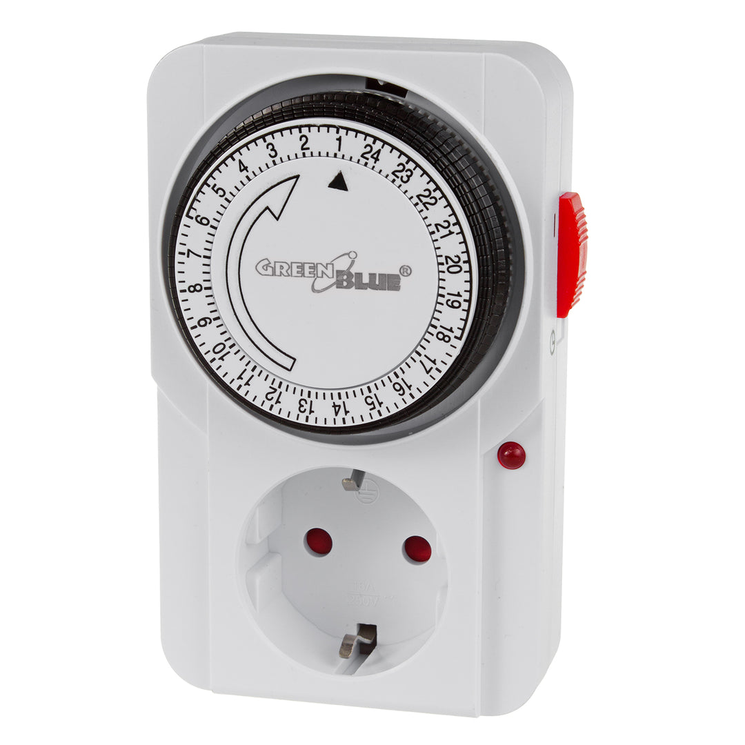 GreenBlue GB360 F Timer Switch - Mechanical Timer, 48 Programs, Max. Load 16A, IP20, Schuko Plug