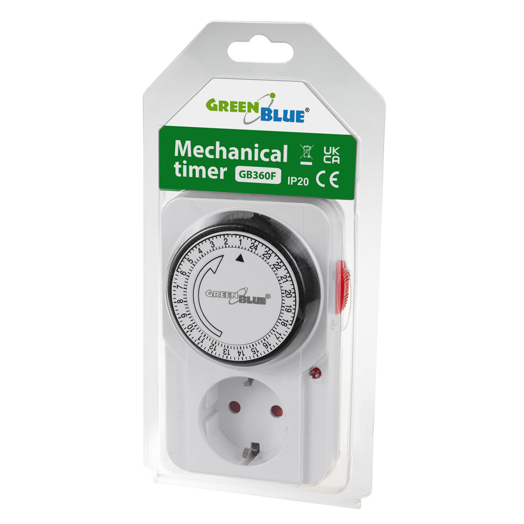 GreenBlue GB360 F Timer Switch - Mechanical Timer, 48 Programs, Max. Load 16A, IP20, Schuko Plug