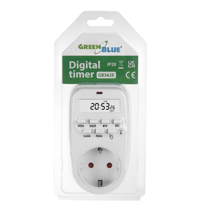 GreenBlue GB362 F Timer Switch - Digital Timer, 16A Max Load, IP20, Schuko Plug