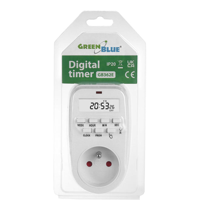 GreenBlue GB362 E Timer Switch - Digital Timer, Max. Load 16A, IP20, European Plug