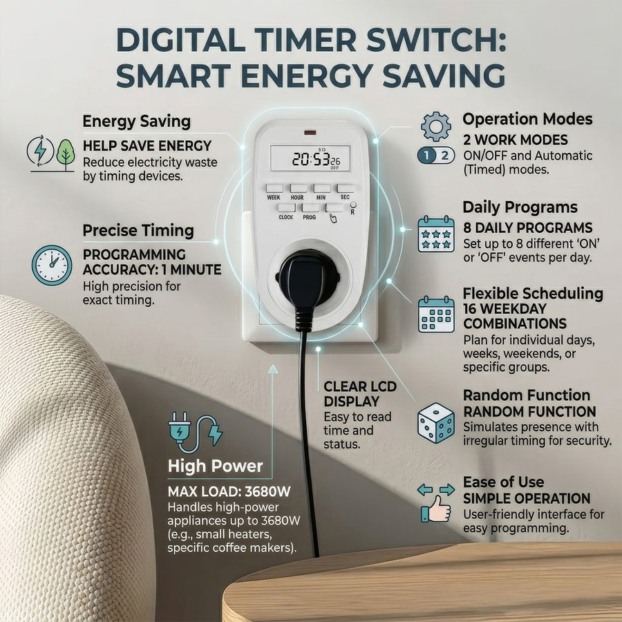GreenBlue GB362 E Timer Switch - Digital Timer, Max. Load 16A, IP20, European Plug