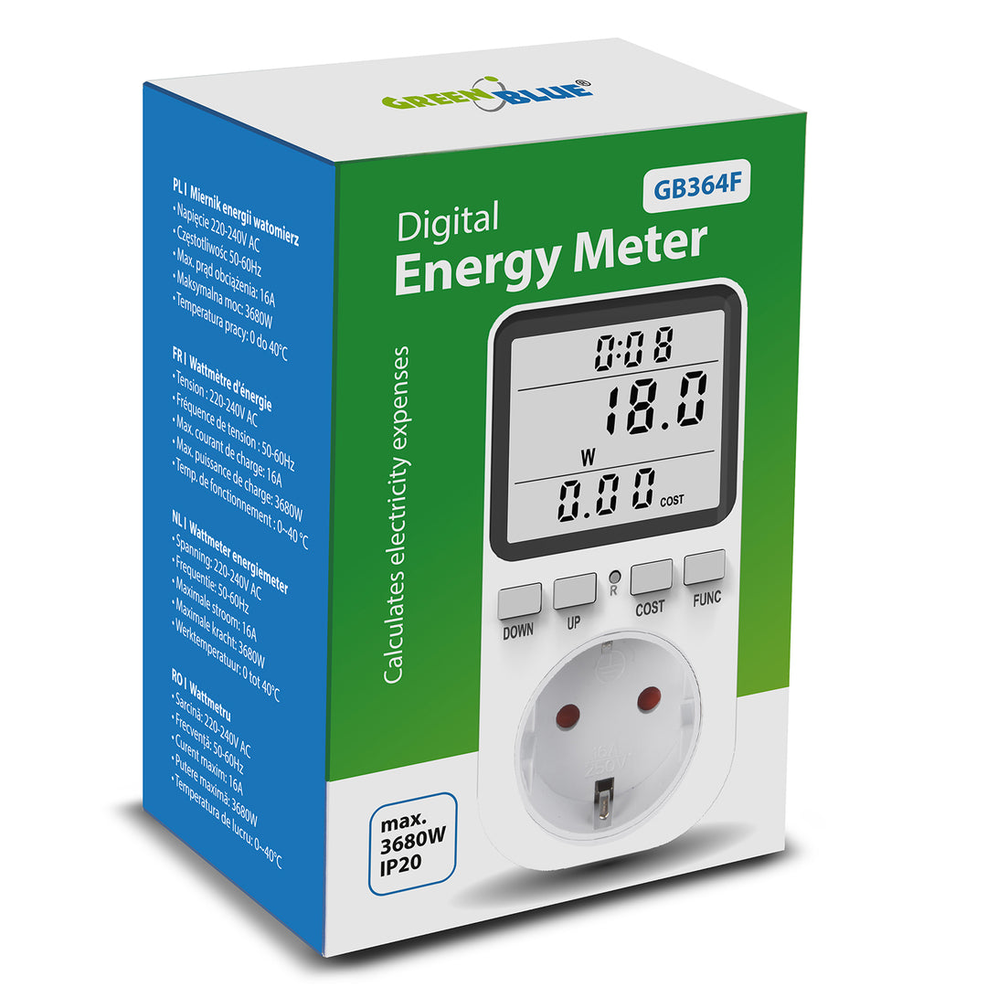 GreenBlue GB364 F Energy Meter, Wattmeter, Type F, 220-240V AC, 50Hz, Max. Load 16A, IP20, Built-in Battery, Schuko Plug