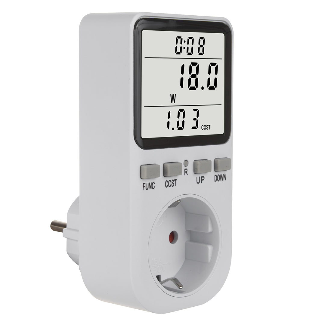 GreenBlue GB364 F Energy Meter, Wattmeter, Type F, 220-240V AC, 50Hz, Max. Load 16A, IP20, Built-in Battery, Schuko Plug