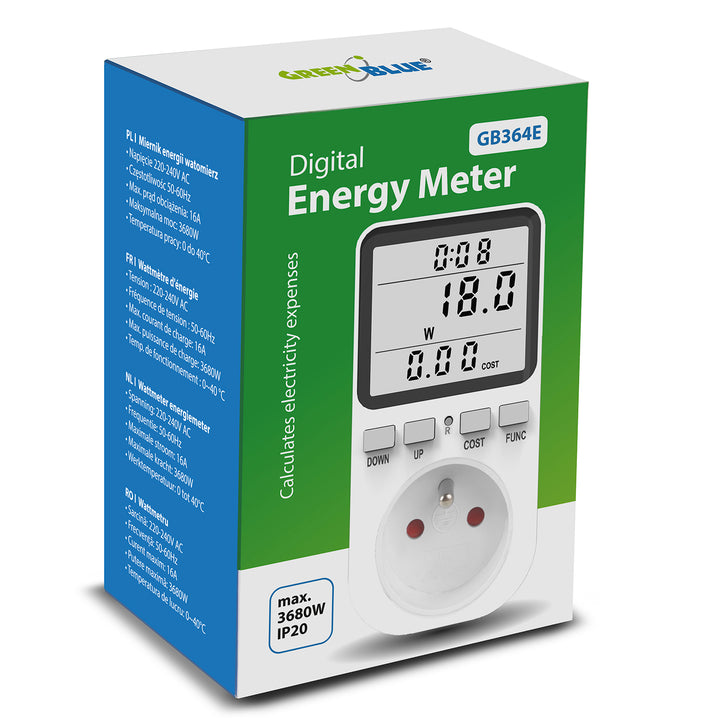 GreenBlue GB364 E Energy Meter, Wattmeter, Type E, 220-240V AC, 50Hz, Max. Load 16A, IP20, Built-in battery, European Plug