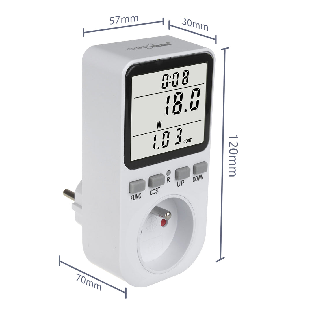 GreenBlue GB364 E Energy Meter, Wattmeter, Type E, 220-240V AC, 50Hz, Max. Load 16A, IP20, Built-in battery, European Plug