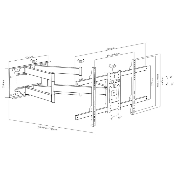 Maclean MC-986 TV Wall Mount, TV Holder, Max VESA 800x400, 37-85", 55kg, Long Arm 915mm Extendable Adjustable Wall Distance Heavy Duty