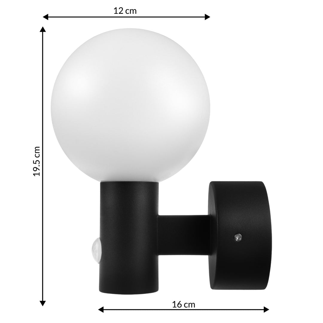 Maclean MCE515 B Outdoor LED Sconce Wall Lamp with PIR Sensor Black 15W IP65 1600lm 4000K Modern Round Globe Sphere Garden Porch Entryway