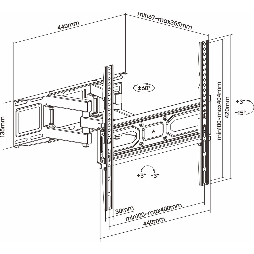 Gléas teilifíse ART do scáileáin 32-70 orlach, ag tacú le suas le 40kg, i bailchríoch dubh snasta le comhoiriúnacht VESA 400x400, samhail AR-89.