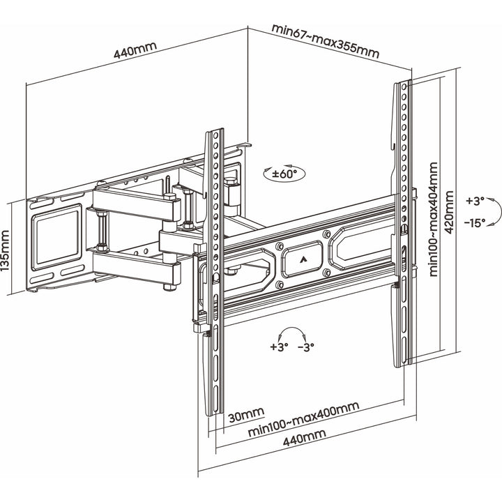 Gléas teilifíse ART do scáileáin 32-70 orlach, ag tacú le suas le 40kg, i bailchríoch dubh snasta le comhoiriúnacht VESA 400x400, samhail AR-89.